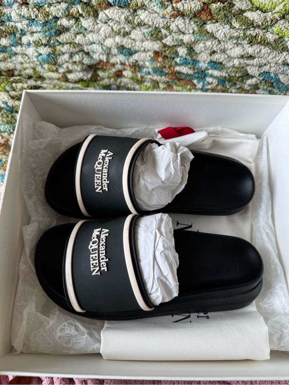 Alexander McQueen Black Slides with White Trim